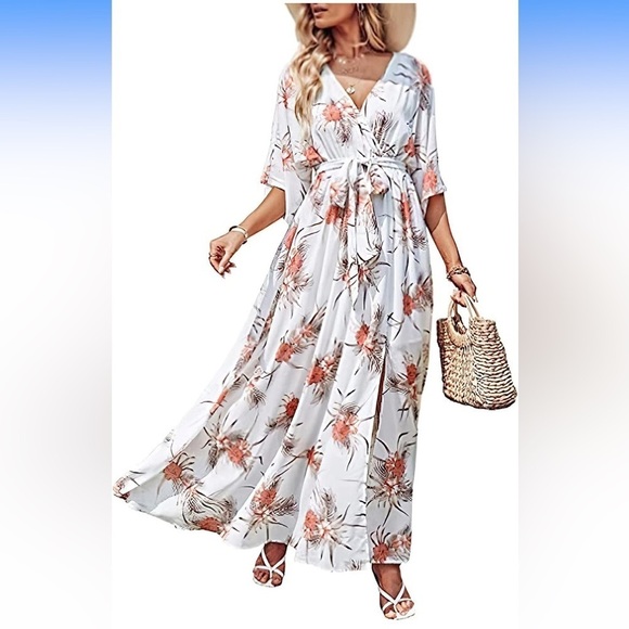Nwt Floral SummerV Neck Wrap Ruffle Hem A-Line Bohemian Maxi Dress w/Belt XL